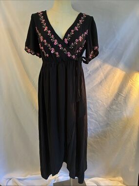 Black embroidered V-Neck faux wrap dress with pink floral detail short sleeves L